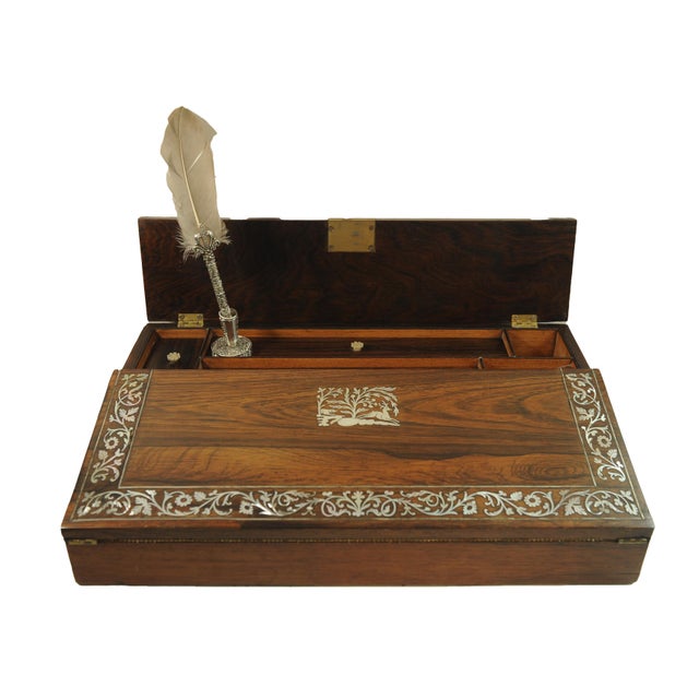 19th Century Rosewood Writing Slope Decorated with Beautiful Floral & Inlay Throughout. Lid has a central woodland scene...