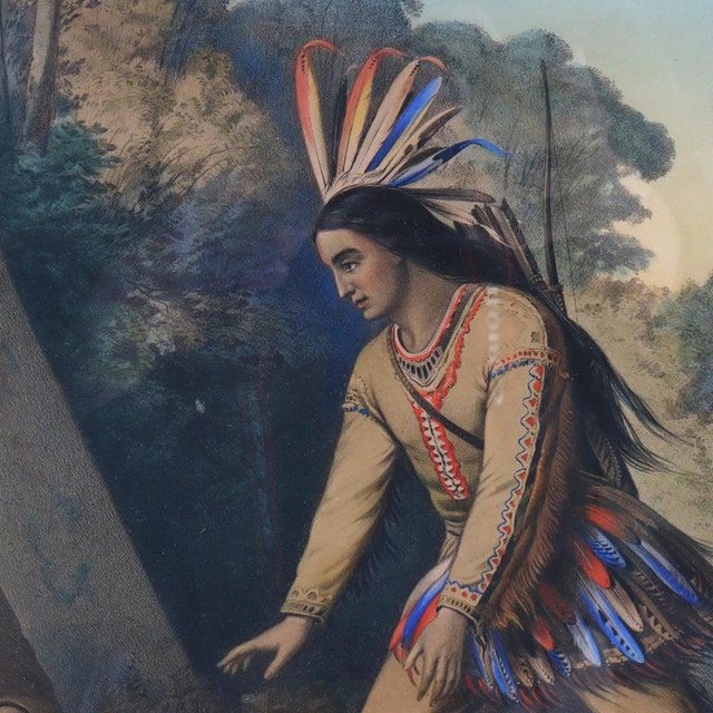 Brown Antique Currier & Ives Hand Tinted Lithograph “Hiawatha’s Wooing” C1860 For Sale - Image 8 of 9