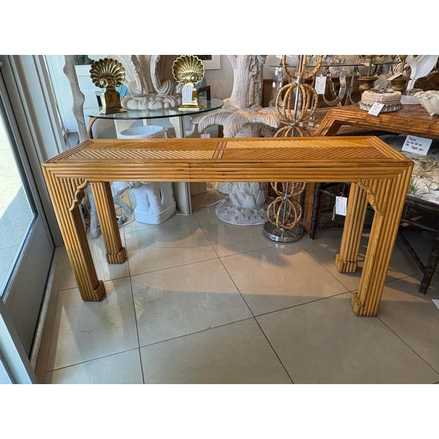 Vintage Pencil Reed Rattan Moroccan Coastal Flare Console Table For Sale In West Palm - Image 6 of 12