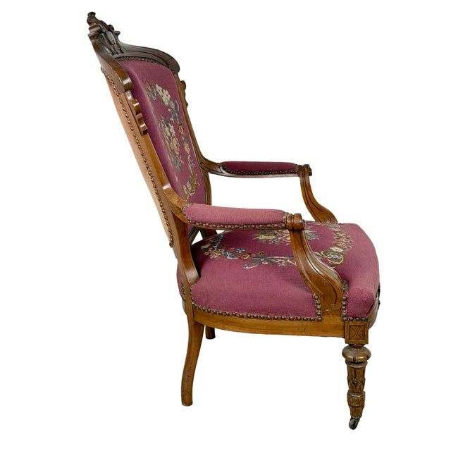 Vintage Renaissance Revival Carved Armchair With Burgundy Floral Upholstery For Sale - Image 15 of 18