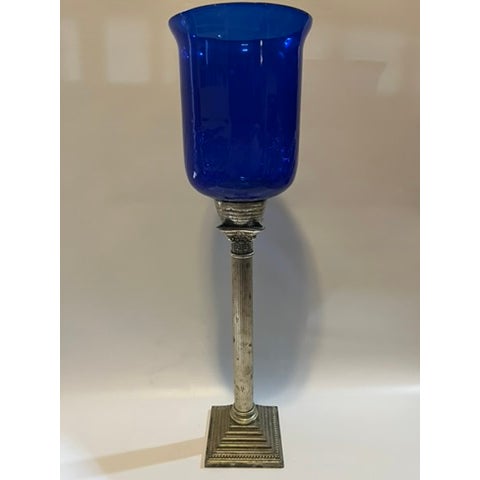 1990s Blue Glass Column Tall Hurricane For Sale - Image 5 of 11
