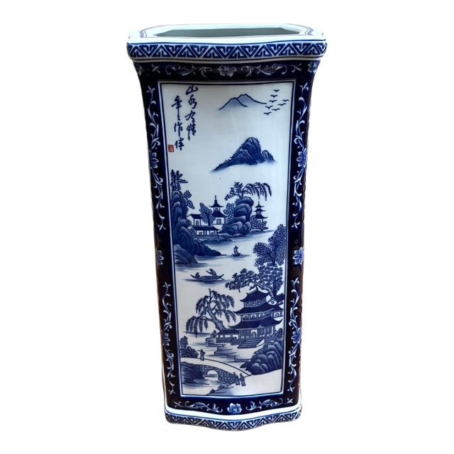18” Tall Square Blue and White Chinoiserie Ceramic Vase For Sale