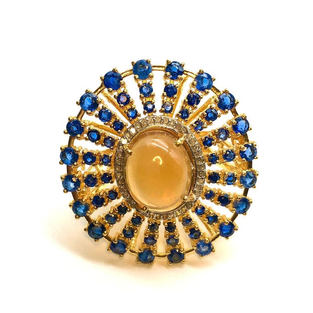 Yellow Bochic "Orient" Natural Opal, Kyanite & Diamond Ring Set In 18K & Silver For Sale - Image 8 of 18