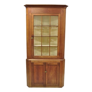 Antique Colonial Primitive Cherry Wood Glass Front Corner China Cabinet Cupboard For Sale