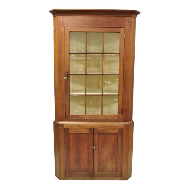 Antique Colonial Primitive Cherry Wood Glass Front Corner China Cabinet Cupboard For Sale