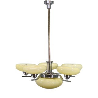 Art Deco Chrome Chandelier with 6 Opaline Glass Shades, 1930s For Sale