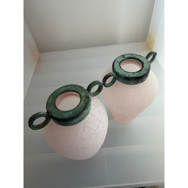 Pair of Scavo Murano-Style Glass Vessels Bud Vases Pink Verdigris Metal Handles For Sale - Image 14 of 18