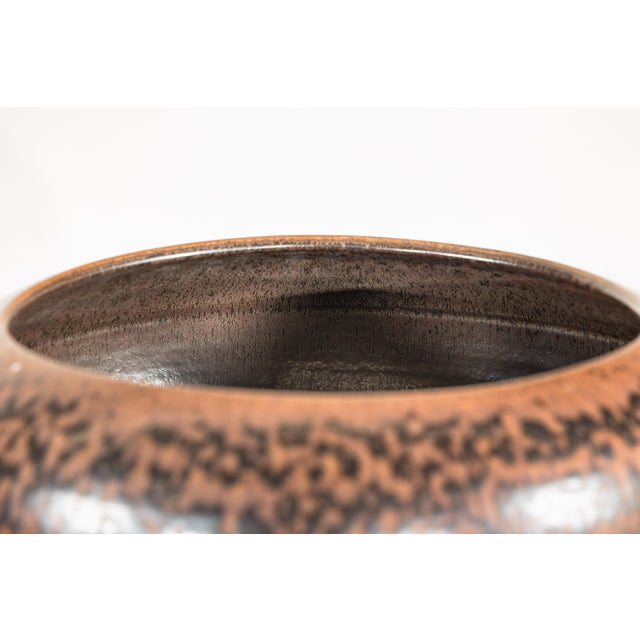 Large Artisan Ceramic Vase with Wide Mouth and Speckled Brown Glaze For Sale - Image 12 of 18