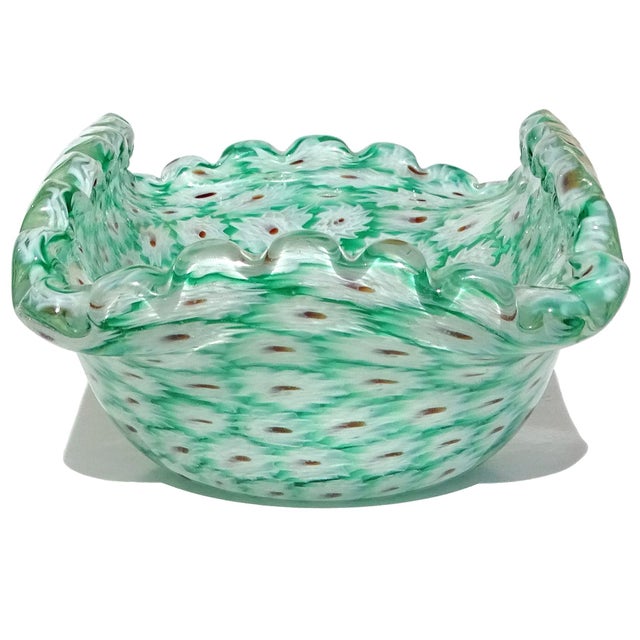 Glass Murano Vintage Fratelli Toso Millefiori Green White Flower Mosaic Italian Art Glass Ruffle Edge Bowl For Sale - Image 7 of 8