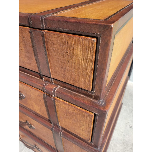 Vintage Stacked Graduated Luggage Leather Grasscloth Ralph Lauren Style 4 Drawer Chest For Sale - Image 14 of 16