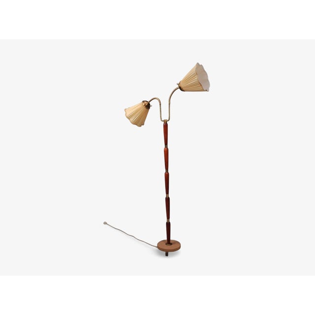 Mid-Century Modern 1950s Mid Century Modern, Double Light Floor Lamp, Wood, Brass, Fabric For Sale - Image 3 of 12