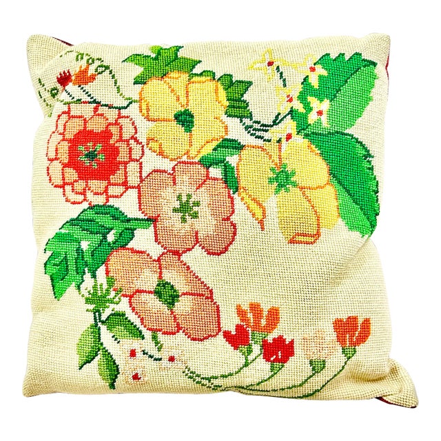Vintage Handmade Floral Needlepoint Pillow For Sale