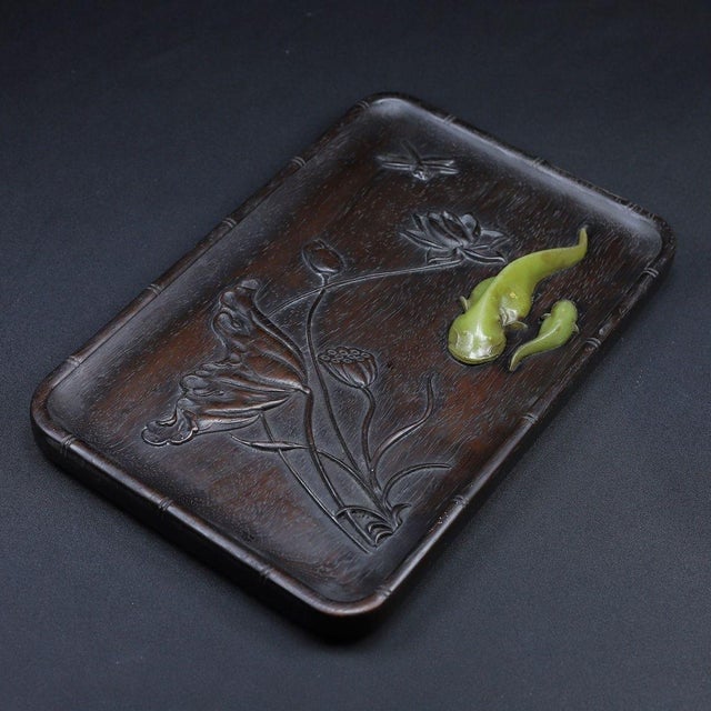 Chinese Red Huali Wood Tray With Jade Inlay Lotus & Fish Motif – Handcrafted Auspicious Serving Tray For Sale - Image 9 of 10