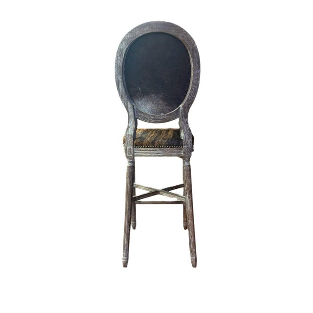 Farmhouse Medallion Louie Bar Stool - Tan/Black Brindle Cowhide / Copper Painted Frame For Sale - Image 3 of 5
