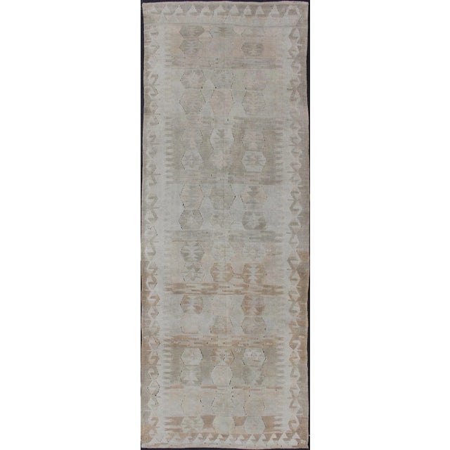 Cream, Brown, and Green Hand Woven Antique Turkish Kilim Flat-Weave Gallery Runner For Sale - Image 13 of 13