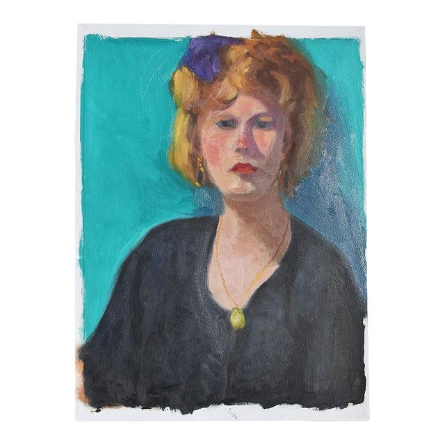 Authentic Clair Seglem Tall Portrait Painting of a Woman on Blue - 13” X 17.5” For Sale
