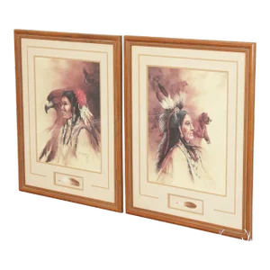 Mary Selfridge Pair Native American Portrait Prints, Custom Framed