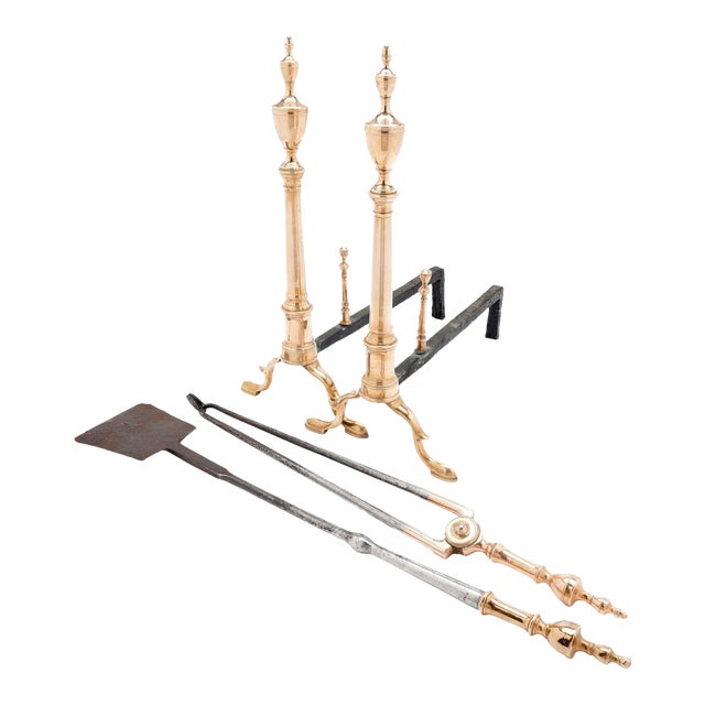 Pair of Philadelphia Bell Metal Andirons With Paired Fire Tools, C. 1790 For Sale