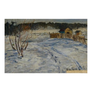 1970s Winter Landscape Painting, Antique Soviet Ukrainian Art, Bibik s.f. Oil on Cardboard 38-59 For Sale