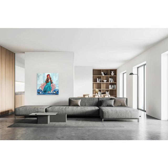 Blue Statement on the Stream - Original Figurative Surrealist Painting Woman Relaxing in Arm Chair Floating on Water Artwork by Iqi Qoror For Sale - Image 8 of 8