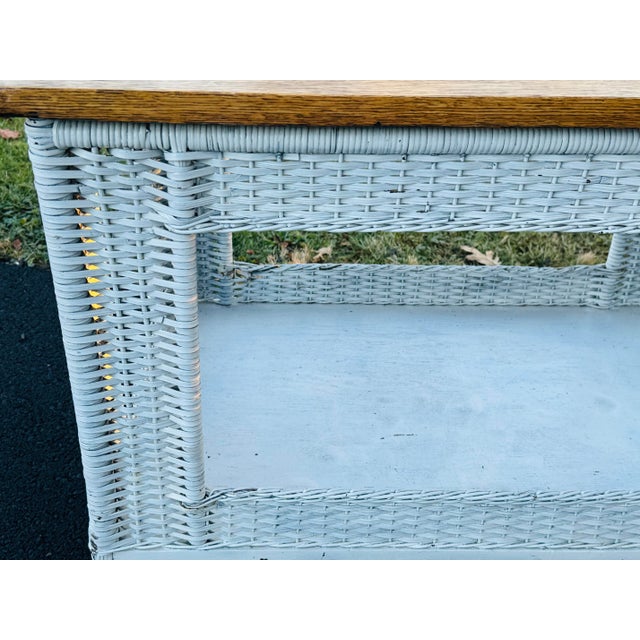 Wood Vintage 1950s Oak Wood & White Wicker Rectangular Table For Sale - Image 7 of 9