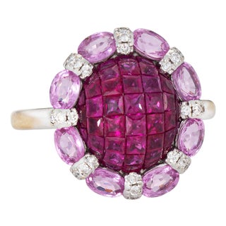 Invisible Set Ruby Ring Pink Sapphire Diamond 18k White Gold Sz 7.25 Jewelry For Sale