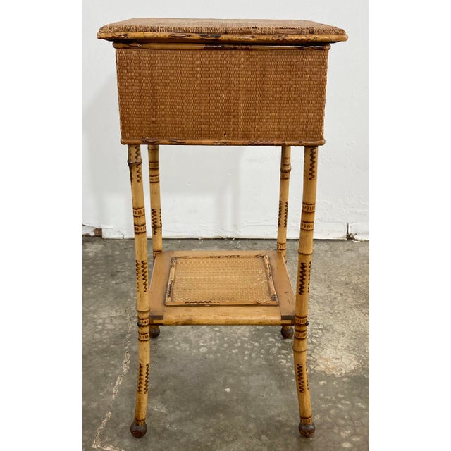 English Antique Scorched Bamboo Sewing Table For Sale - Image 3 of 12