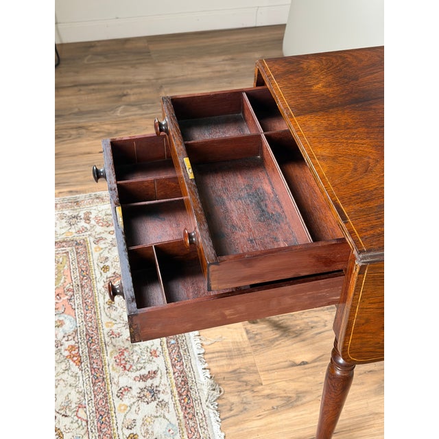 Wood English Regency Rosewood Two-Drawer Drop-Leaf Work Table With Brass and Satinwood Inlay, Circa 1820–1840 For Sale - Image 7 of 11
