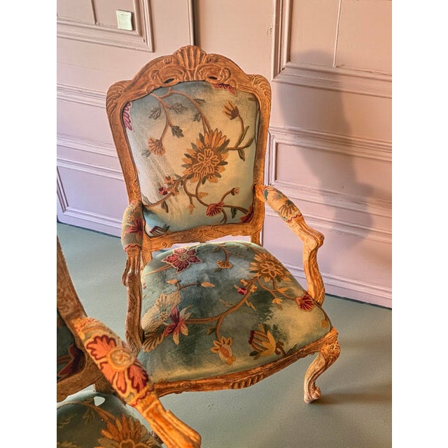 Set 4 Vintage Massay France Import Embroidered Velvet Fabric Dining Chairs For Sale - Image 11 of 12