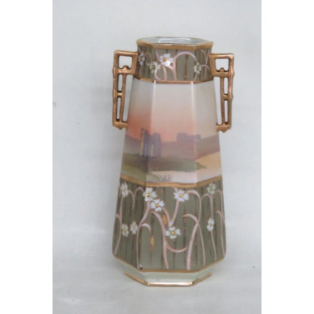 Japanese Nippon Hand Painted Hexagonal Vase With Two Gilded Handles For Sale - Image 3 of 13