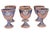Set of six hand-thrown pottery earthenware goblets with a vibrant drip glaze in cobalt blue, burnt sienna and brown in a...