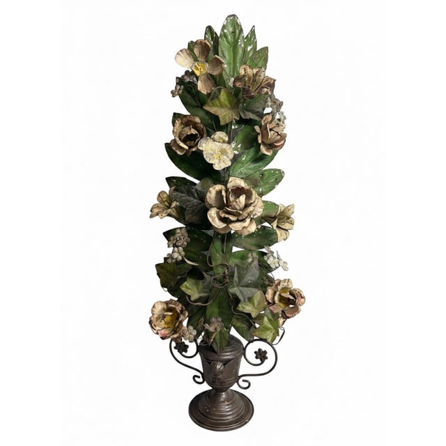 Large Vintage Painted Tole Floral Wall Hanging With Urn, 28” For Sale - Image 10 of 10