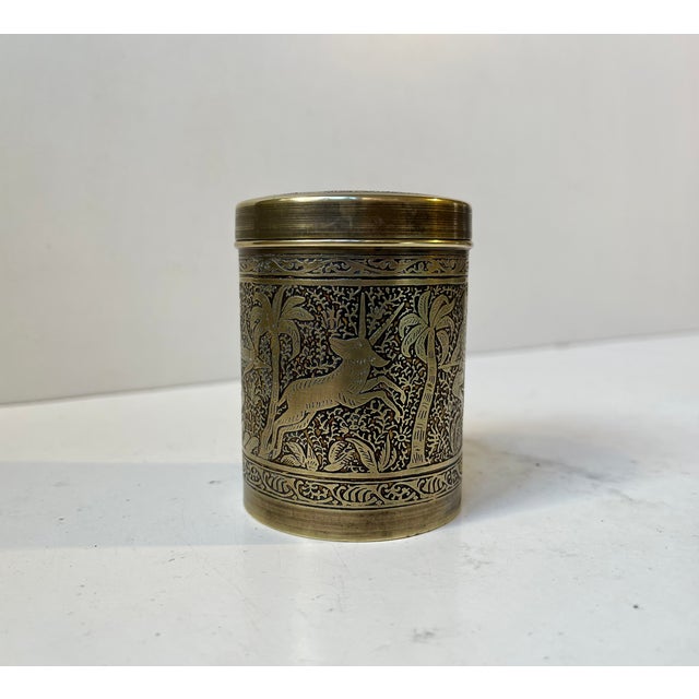 Vintage Indian Tobacco Jar in Engraved Brass, 1970s For Sale - Image 4 of 8