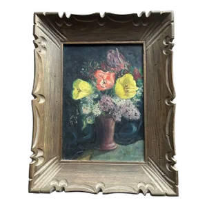 Vintage 1950’s Floral Still Life of Lilacs and Tulips in Carved Wood Frame