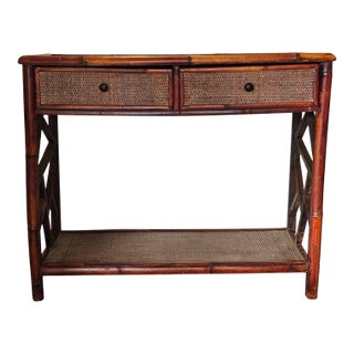 Rattan & Bamboo Vintage Nantucket Console Table With Two Drawers For Sale