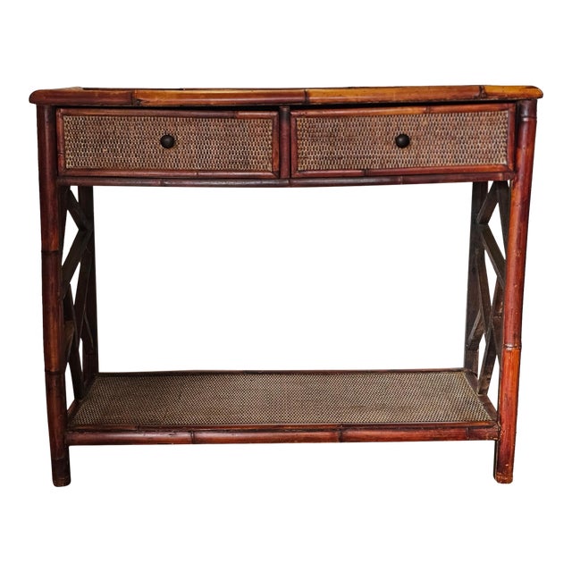Rattan & Bamboo Vintage Nantucket Console Table With Two Drawers For Sale