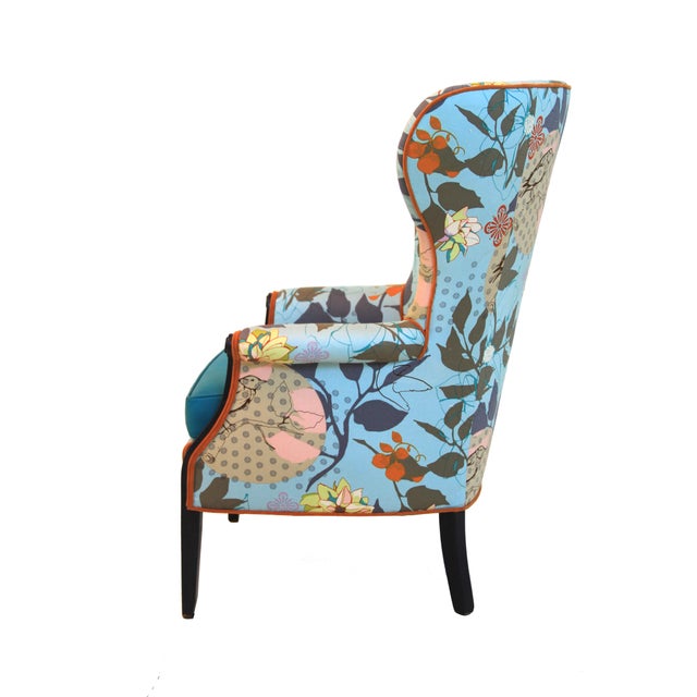 1960s Vintage Baby Blue Floral Wingback Accent Chair For Sale - Image 4 of 10