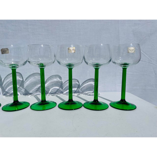 1950s French Luminarc Green Stemmed Wine Glasses- Set of 10 For Sale - Image 6 of 12