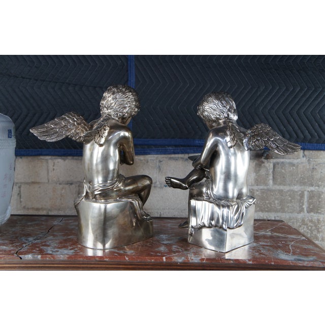 Late 20th Century Set of 2 Vintage Large Neoclassical Silver Holloware Figural Cherub Angel Bookends Sculptures For Sale - Image 5 of 12