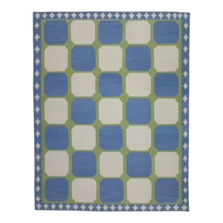 Blue and Green Geometric Design Handmade Modern Kilim Rug 6' X 9' For Sale