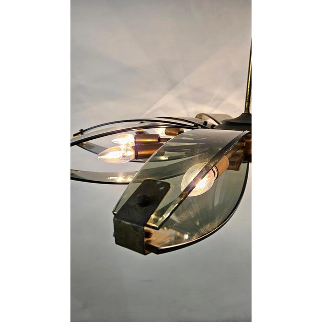 Metal Mid-Century Modern Brass and Glass Chandelier attributed to Fontana Arte, Italy, 1960 For Sale - Image 7 of 12