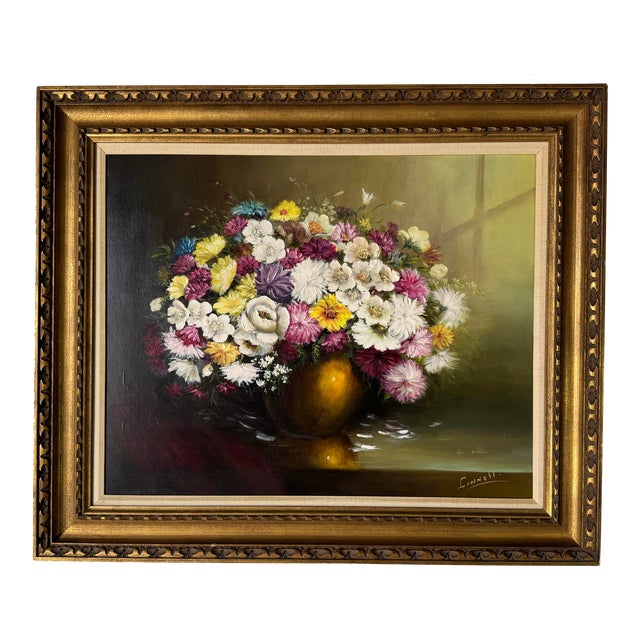 1970's Eric Linnell Floral Still Life Oil on Cnavs Painting, Framed For Sale