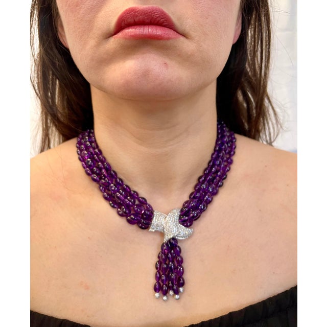 Amethyst 700 Ct Natural Amethyst Multi Layer Bead Necklace in Platinum with 9 Ct Diamonds For Sale - Image 8 of 18