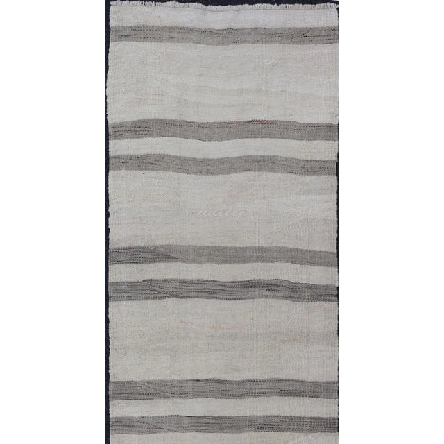Textile Mid 20th Century Vintage Turkish Kilim Runner With Horizontal Stripes in Gray Charcoal & Cream For Sale - Image 7 of 11