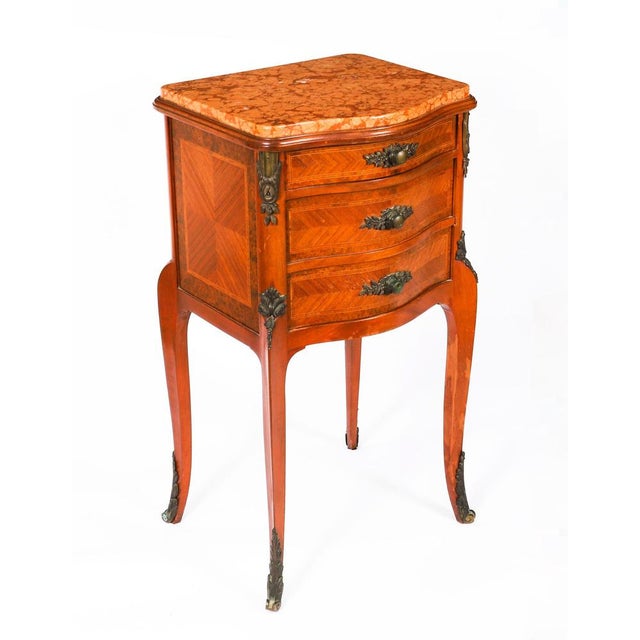 Metal Antique French Louis XV Parquetry Bombe Bedside Tables, 1800s, Set of 2 For Sale - Image 7 of 18