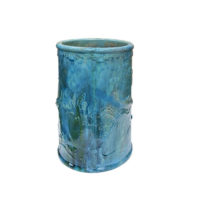Ceramic Vintage Distressed Marks Turquoise Green Lotus Fishes Ceramic Holder For Sale - Image 7 of 14