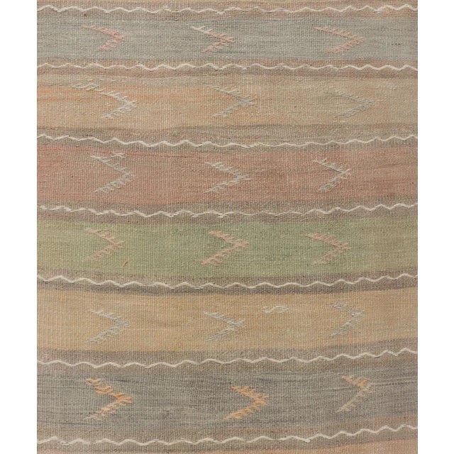 Tan Mid 20th Century Vintage Hand Woven Turkish Kilim Runner With Stripes in Multi Soft Colors For Sale - Image 8 of 10