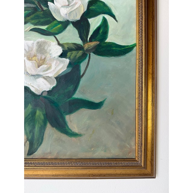 Textile 1970s Vintage Floral Still Life - White Blossoms Oil on Canvas Painting – Framed For Sale - Image 7 of 12