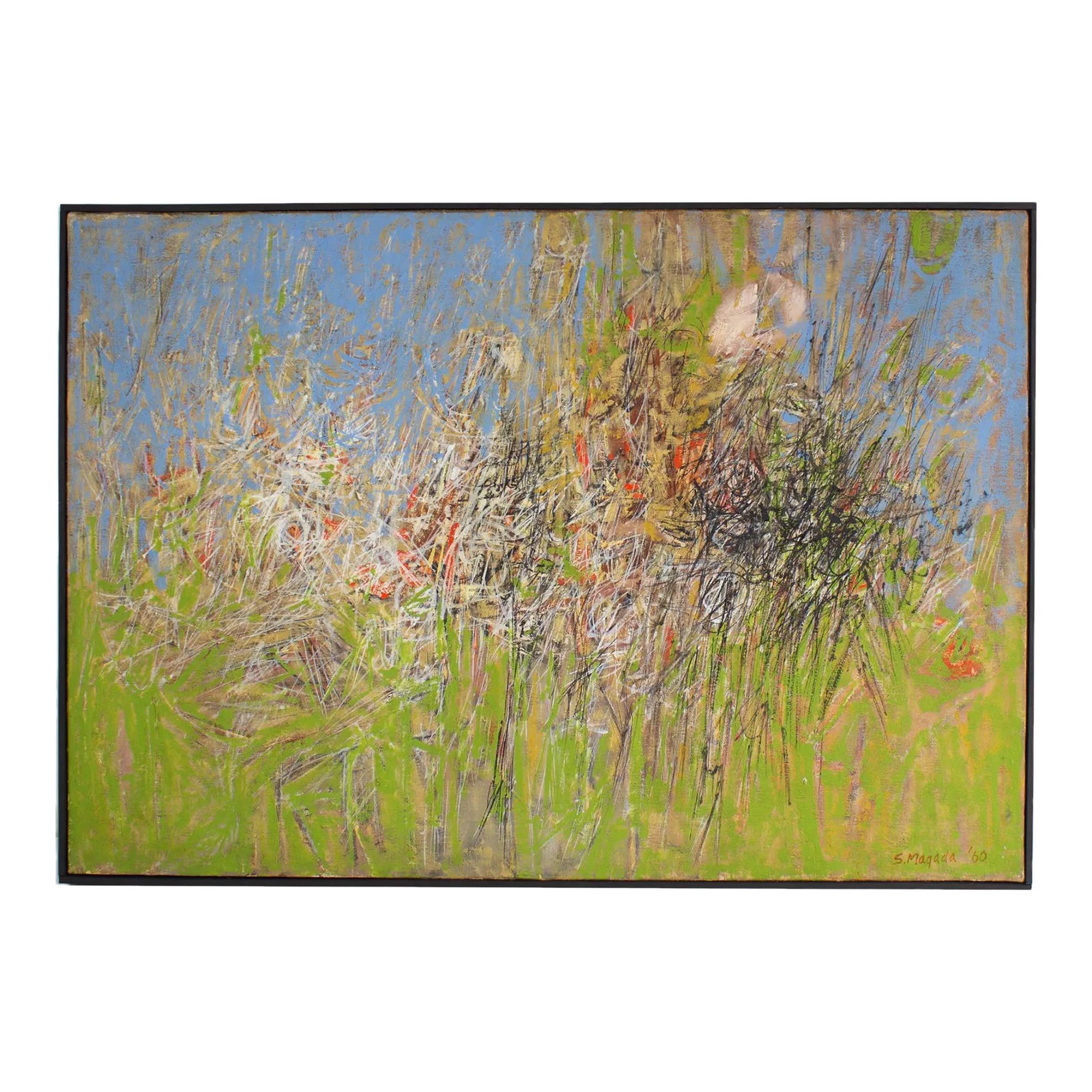 1960 “Encounter” Abstract Oil on Canvas Painting by Stephen Magada ...