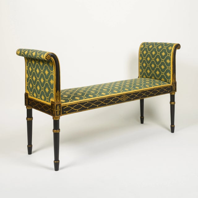 A Hepplewhite Style Black and Ochre Painted Upholstered Window Bench For Sale - Image 9 of 9